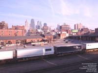 Stevens Transport and TransWest trailers on a flat car move on a BNSF train